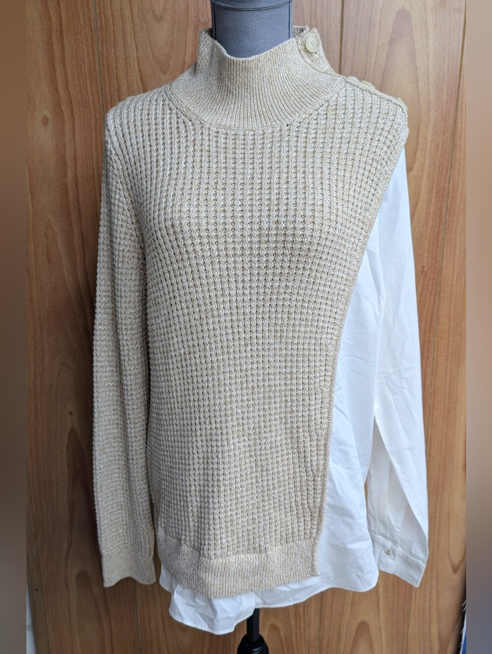 Naadam Cotton Cashmere Mixed Media Button Shoulder Sweater Shirt M